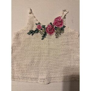 Small White Floral Crop Tank Spaghetti Strap Summer Stretchy Small